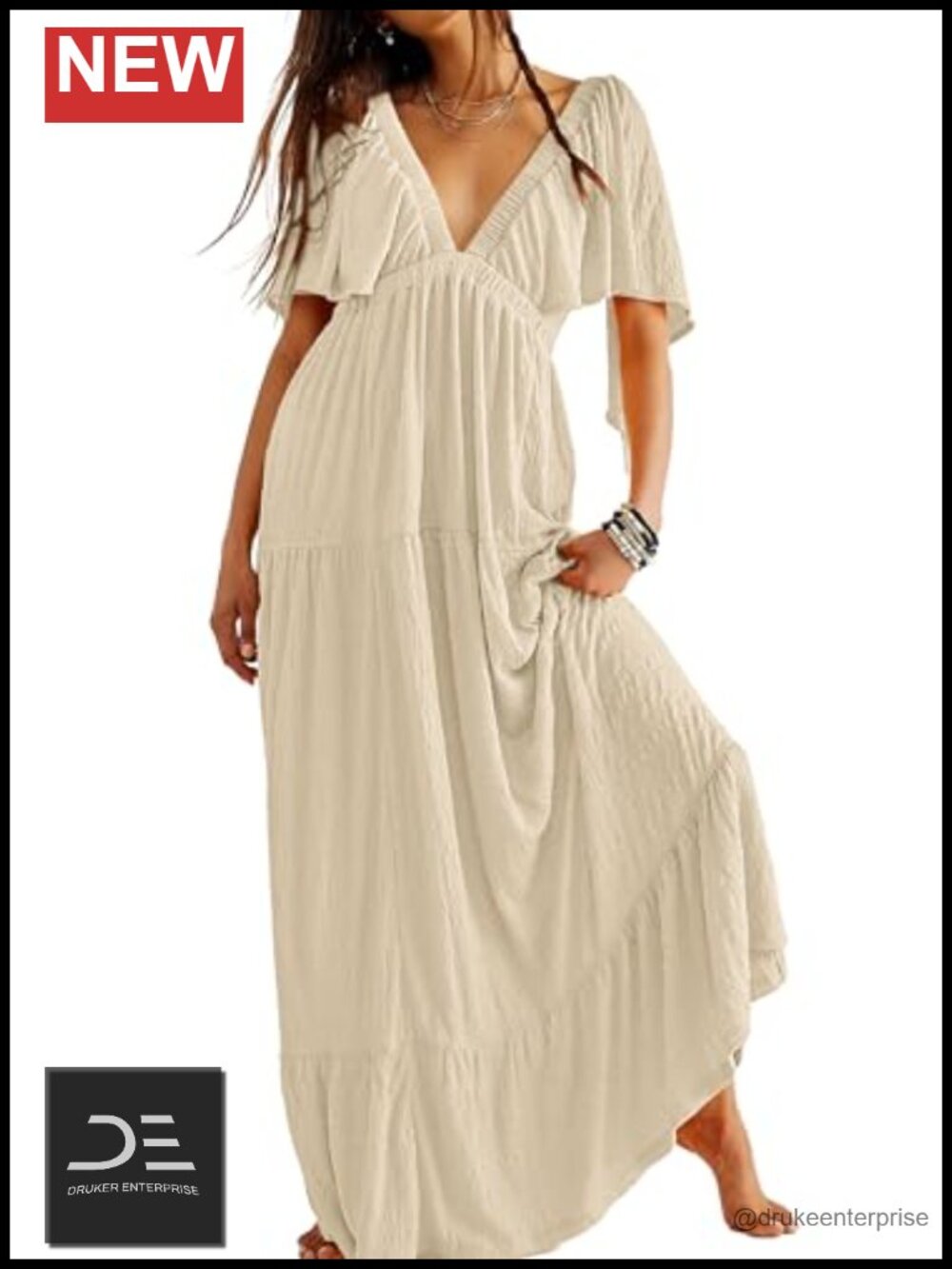Kikibell Women's V-Neck Maxi Dress Flutter Sleeve Backless Tiered